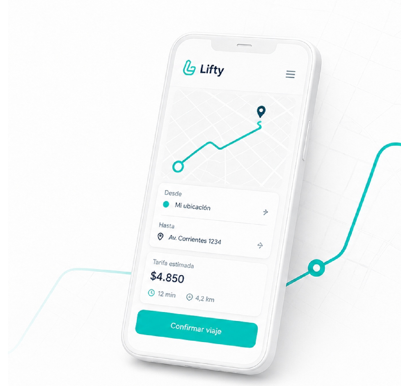 Mockup de la aplicación Lifty mostrando un viaje